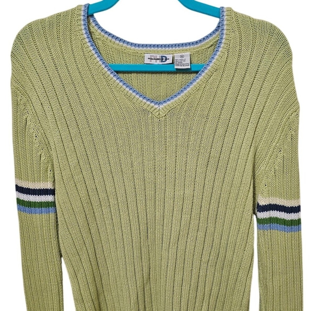 Vintage Paul Harris Design Green V Neck Striped Sleeve Knit Sweater XL Y2K